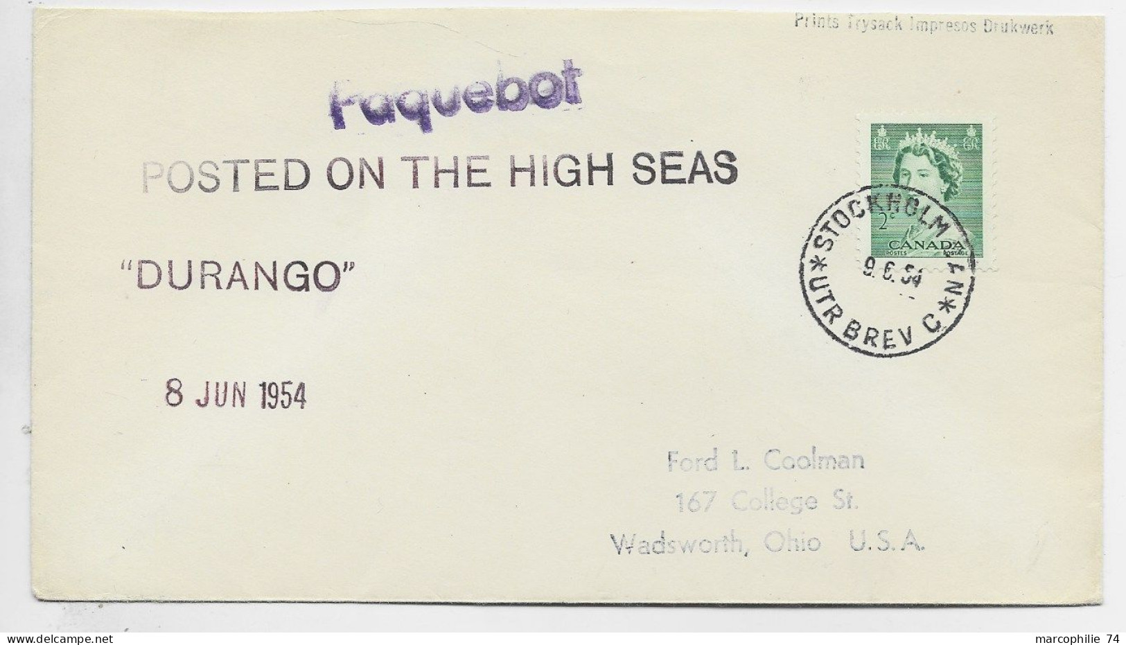 CANADA 2C SOLO LETTRE COVER STOCKHOLM SWEDEN 9.6.1954 UTR BREV + PAQUEBOT POSTED ON THE  HIGH SEA TO USA - Lettres & Documents
