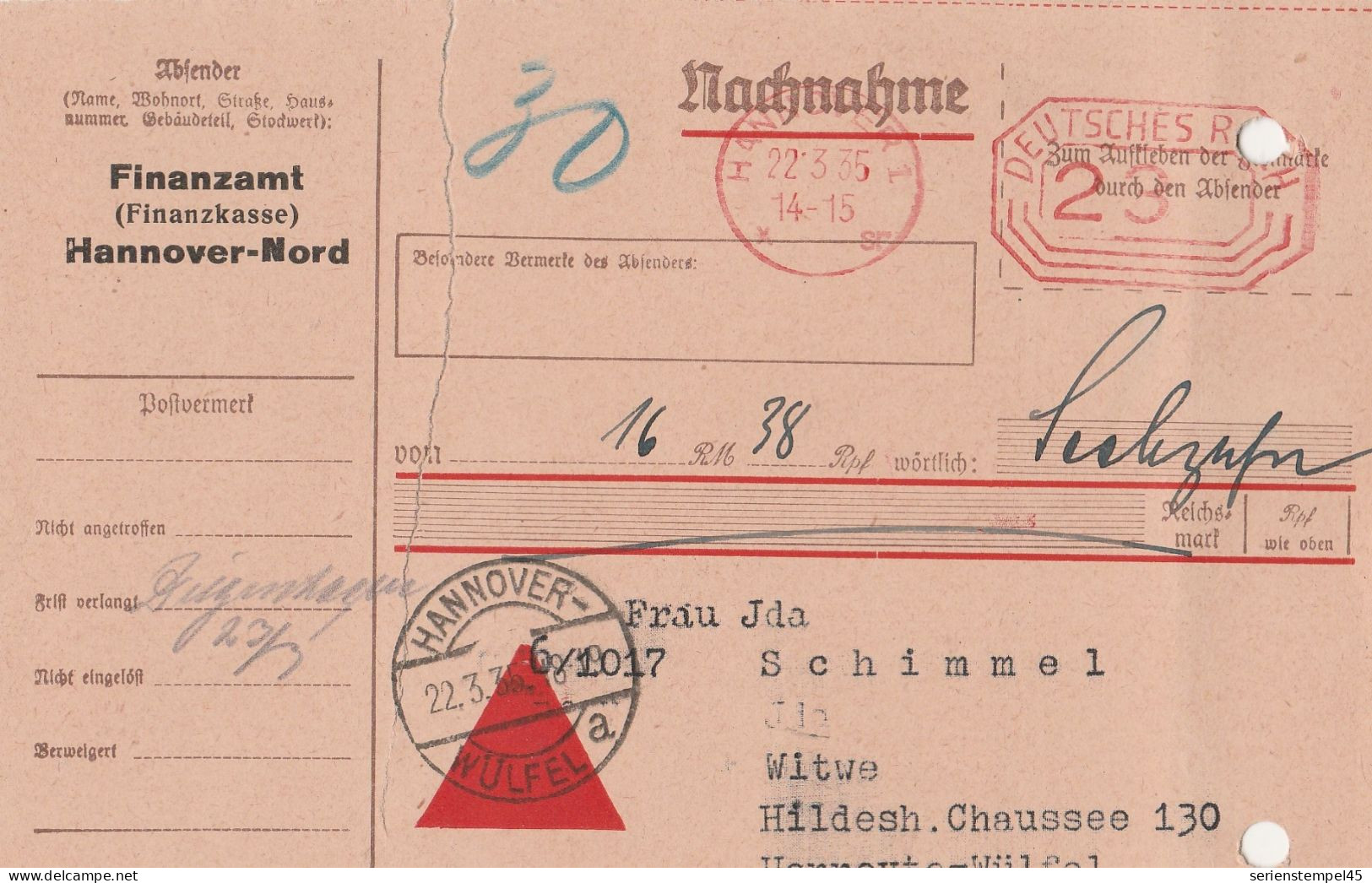 Deutsches Reich Nachnahme Finanzamt Hannover Mit Postfreistempel 1935 Mit AKS Hannover Wülfel Mit Langen Riss - Machines à Affranchir (EMA)