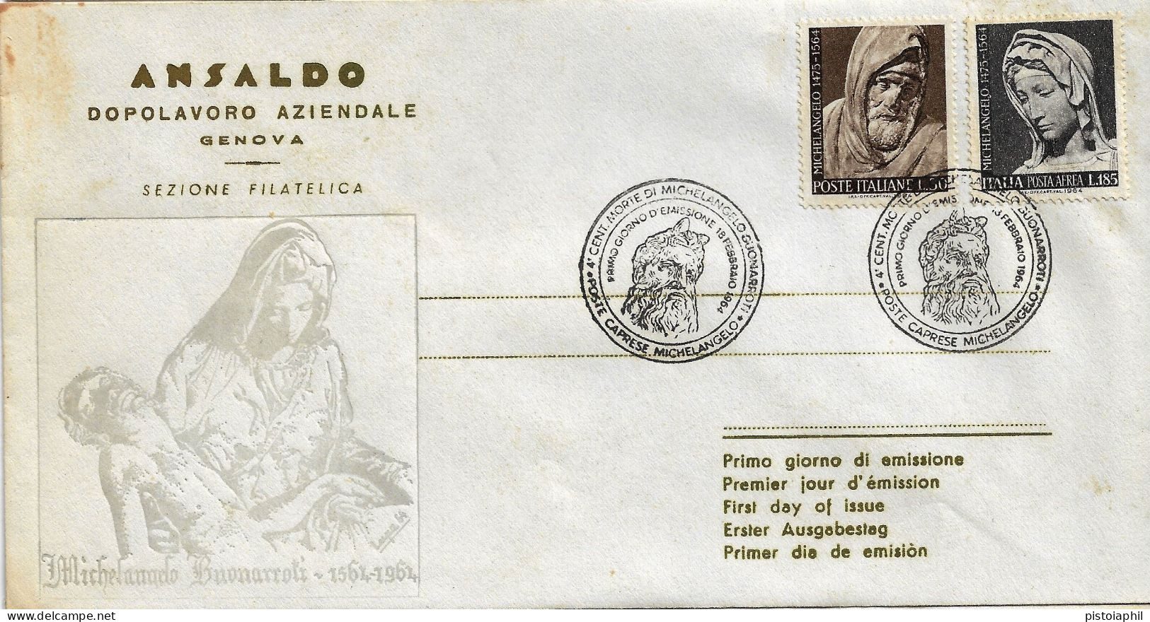 Fdc Ansaldo: MICHELANGELO BUONARROTI (1964); Non Viaggiata; Annullo Speciale Caprese M. - FDC