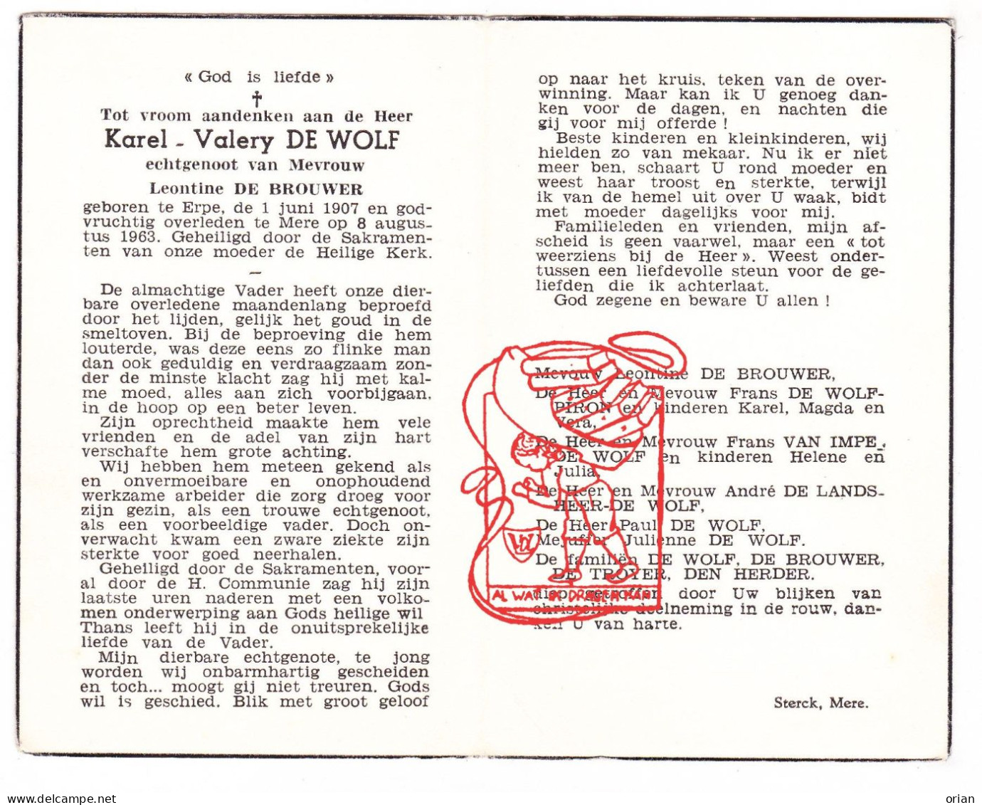 DP Karel Valery De Wolf ° Erpe Erpe-Mere 1907 † Mere 1963 De Brouwer // Piron Van Impe De Landsheer De Troyer Den Herder - Devotieprenten