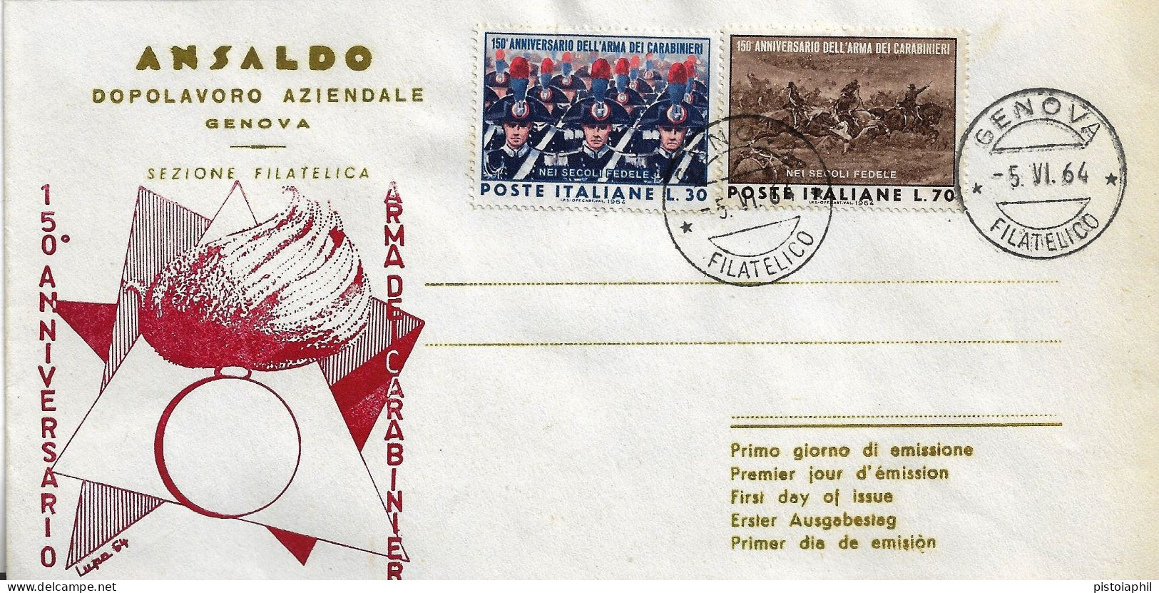 Fdc Ansaldo: 150° ARMA DEI CARABINIERI (1964); Non Viaggiata; Annullo Filatelico Genova - FDC