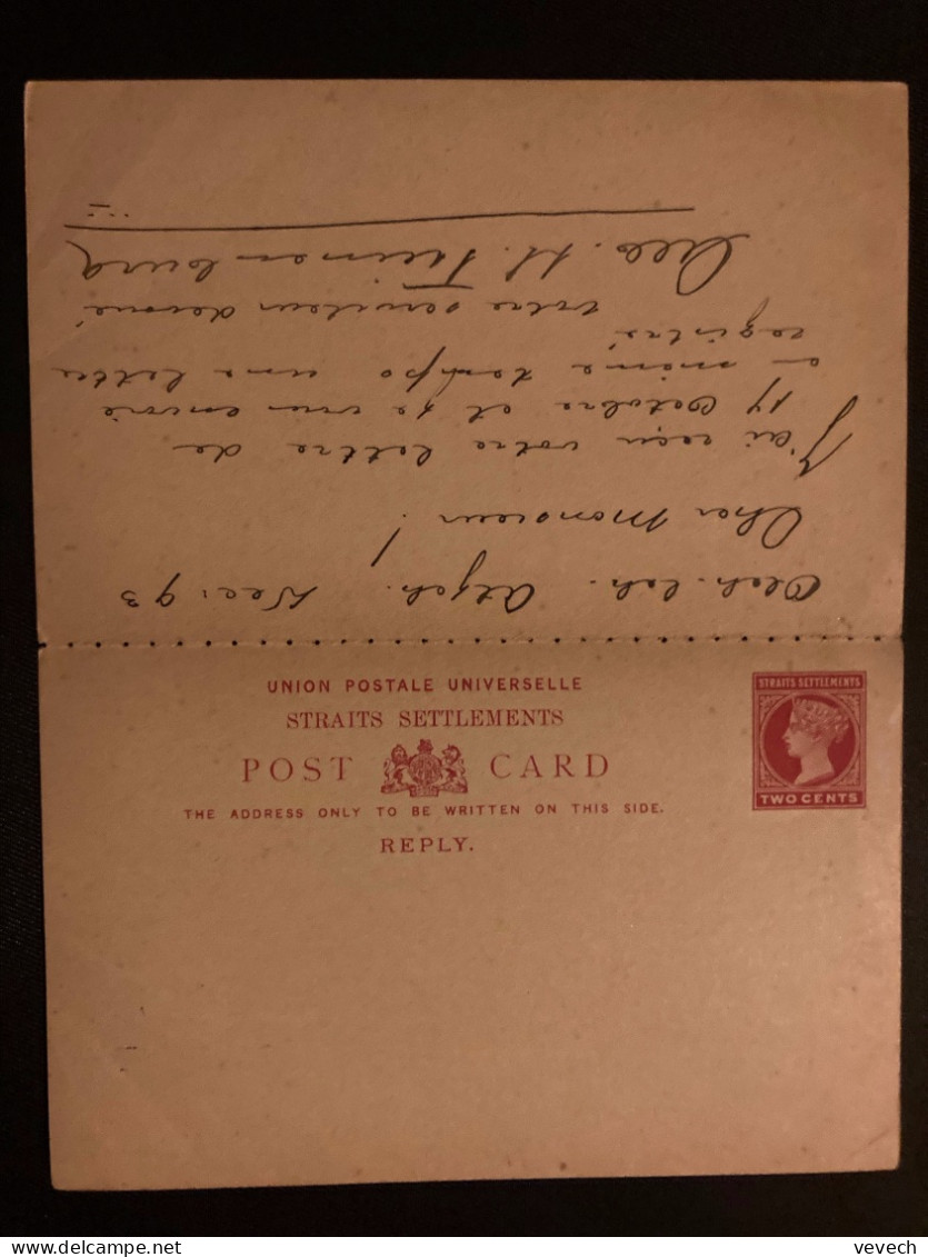 CP EP TWO CENTS OBL.DE 12 93 PENANG Avec CP EP TWO CENTS REPLY NEUVE Pour M SAINT DENIS +OBL. ELBEUF (76) + OBL. ROUGE - Straits Settlements