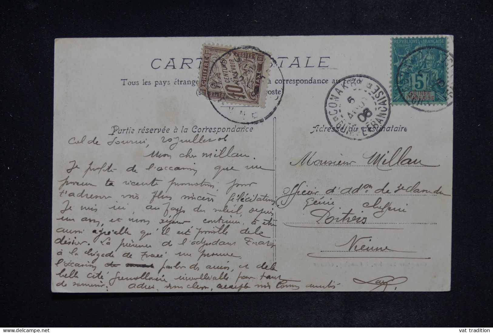 GUINEE - Affranchissement Groupe De Conakry Sur Carte Postale En 1906 Pour La France Et Taxé - L 150954 - Lettres & Documents