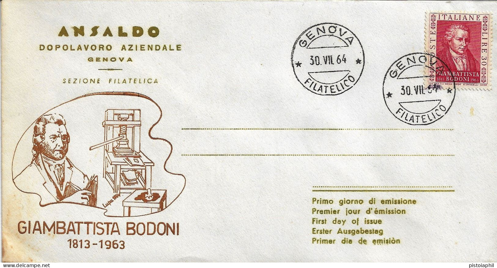 Fdc Ansaldo: BODONI (1964); Non Viaggiata; Annullo Filatelico Genova - FDC