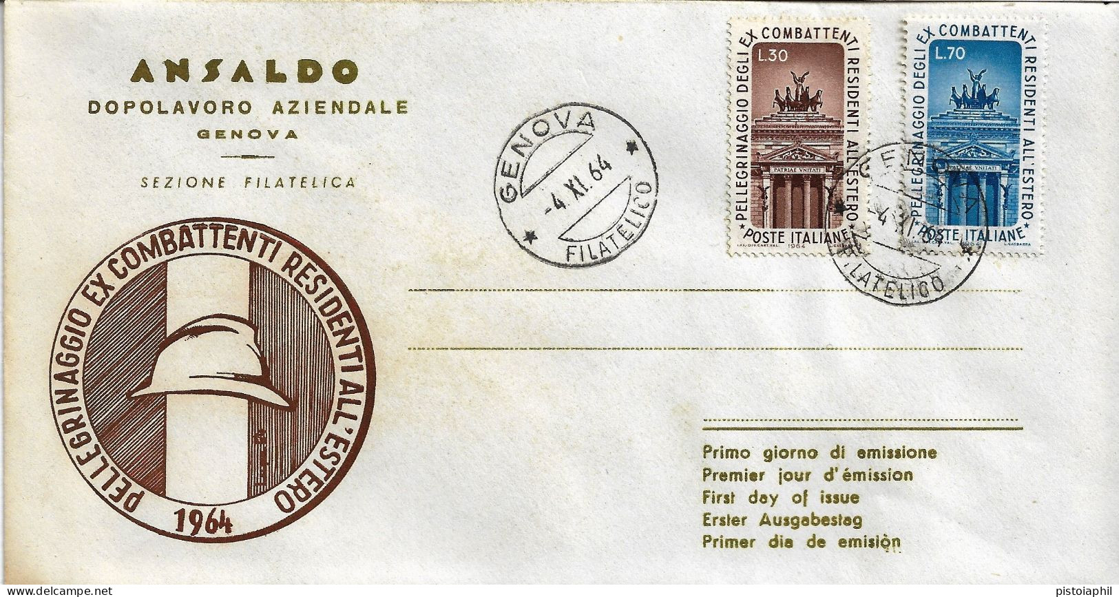 Fdc Ansaldo: EX COMBATTENTI (1964); Non Viaggiata; Annullo Filatelico Genova - FDC