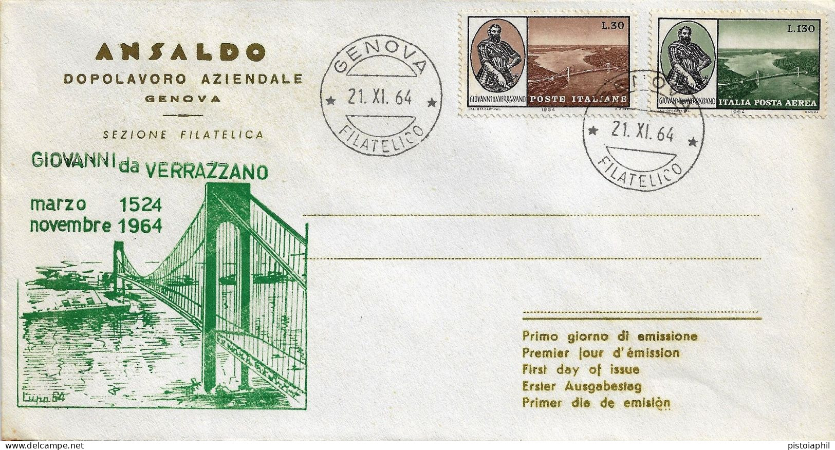 Fdc Ansaldo: GIOVANNI DA VERRAZZANO (1964); Non Viaggiata; Annullo Filatelico Genova - FDC