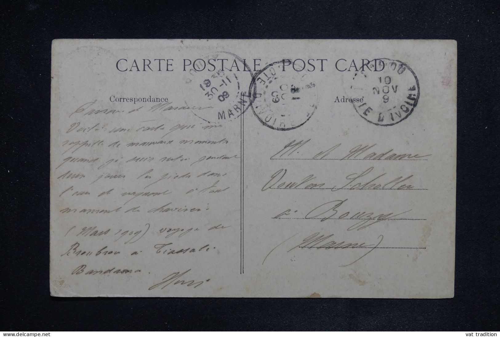 CÔTE D'IVOIRE - Affranchissement Général Faisdherbe Sur Carte Postale Pour La France En 1909  - L 150959 - Cartas & Documentos