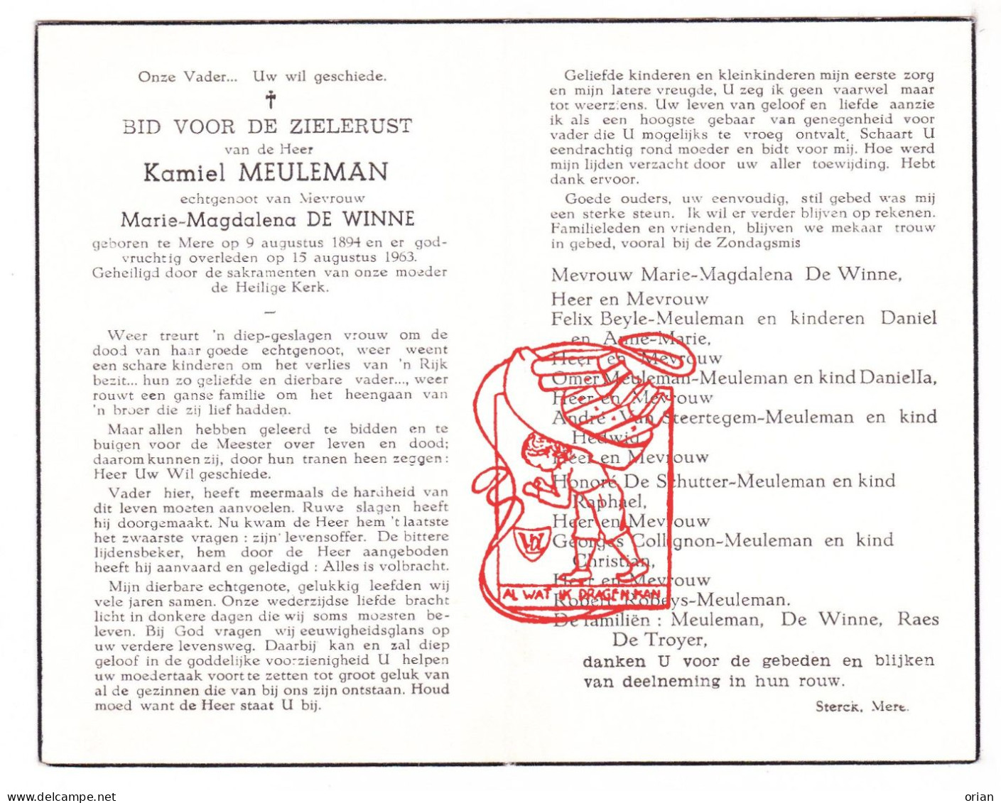 DP Kamiel Meuleman ° Mere Erpe-Mere 1894 † 1963 De Winne Beyle Van Steertegem De Schutter Collignon De Troyer Robeys - Devotion Images