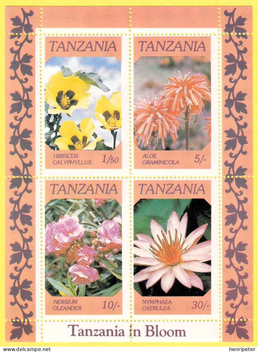 Bloc-feuillet Neuf** - Fleurs Guimauve Jaune Citron Laurier Rose Lotus Bleu Du Nil - N° BF46 (Yvert) - Tanzanie 1986 - Tanzania (1964-...)