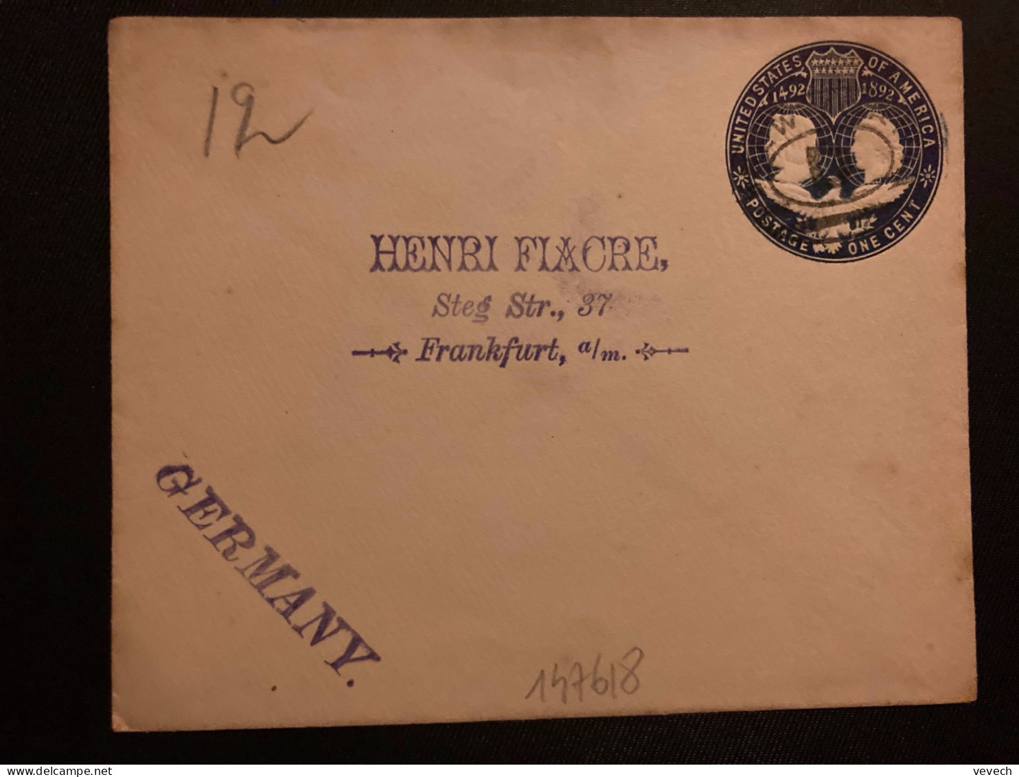 LETTRE EP 1492 1892 ONE CENT OBL. D Pour HENRI FLACRE à FRANKFURT (GERMANY) - ...-1900