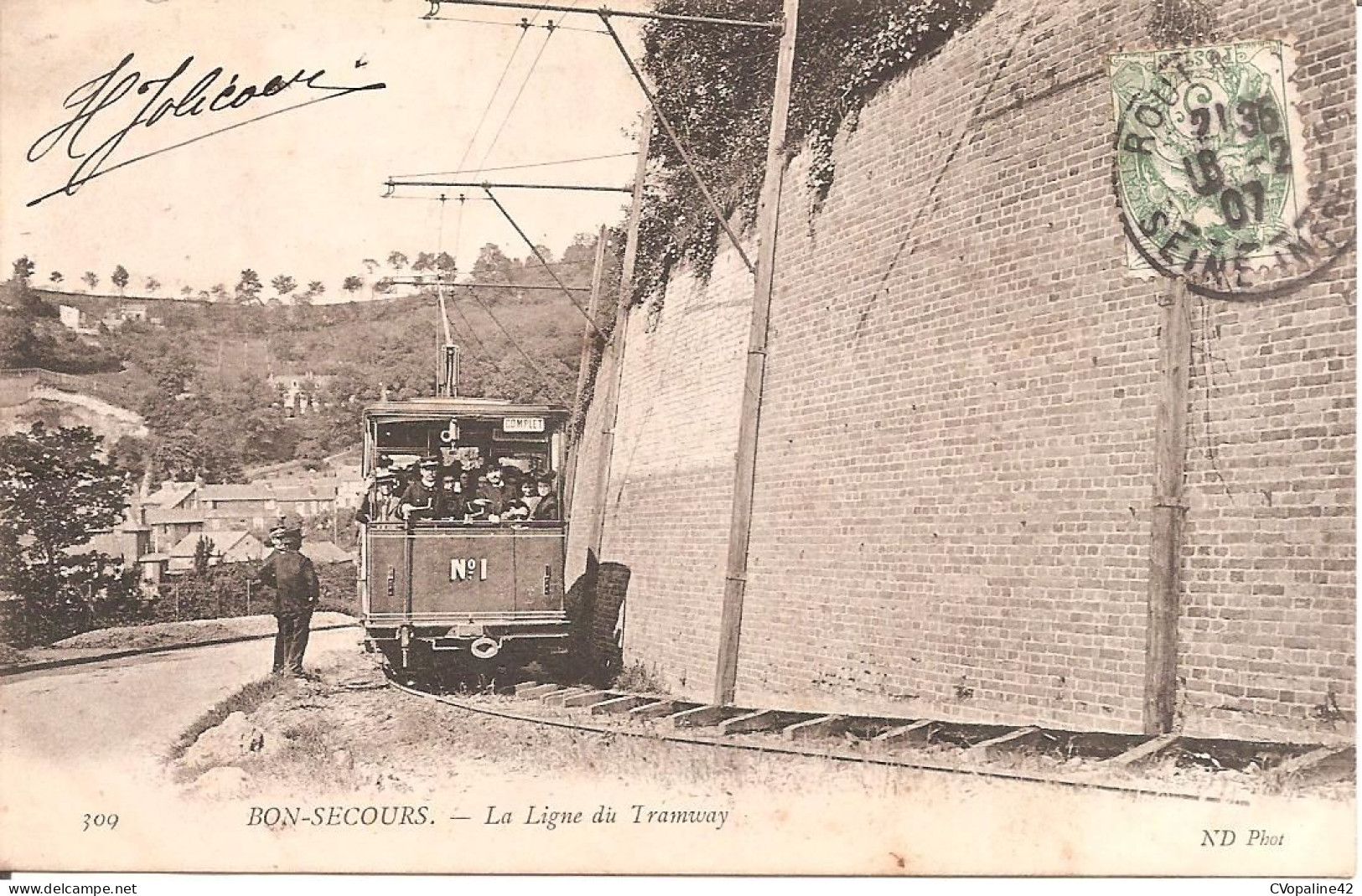 BON-SECOURS (76) La Ligne Du Tramway En 1907 (Beau Plan Animé Du Tram) - Bonsecours