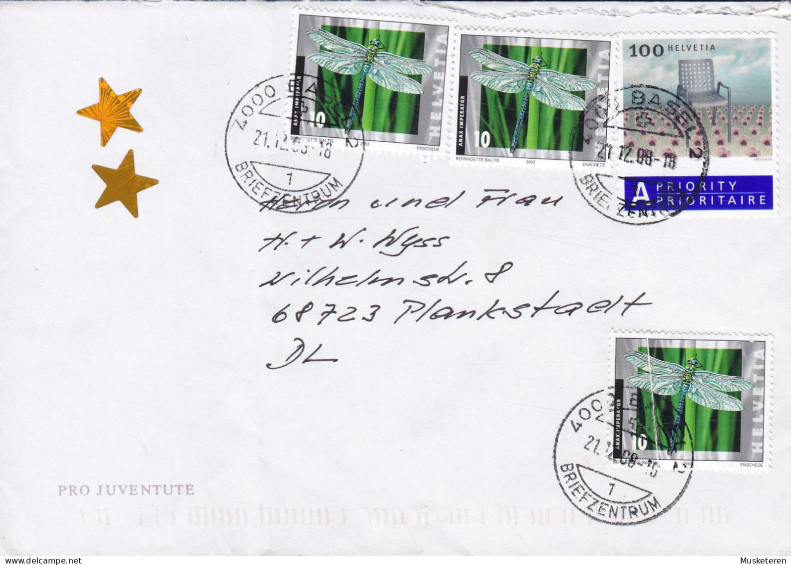 Switzerland A PRIORITY Prioritaire Label BASEL 2008 Cover Lettera 3x Schmetterling Butterfly Papillon Dragonfly Libelle - Storia Postale