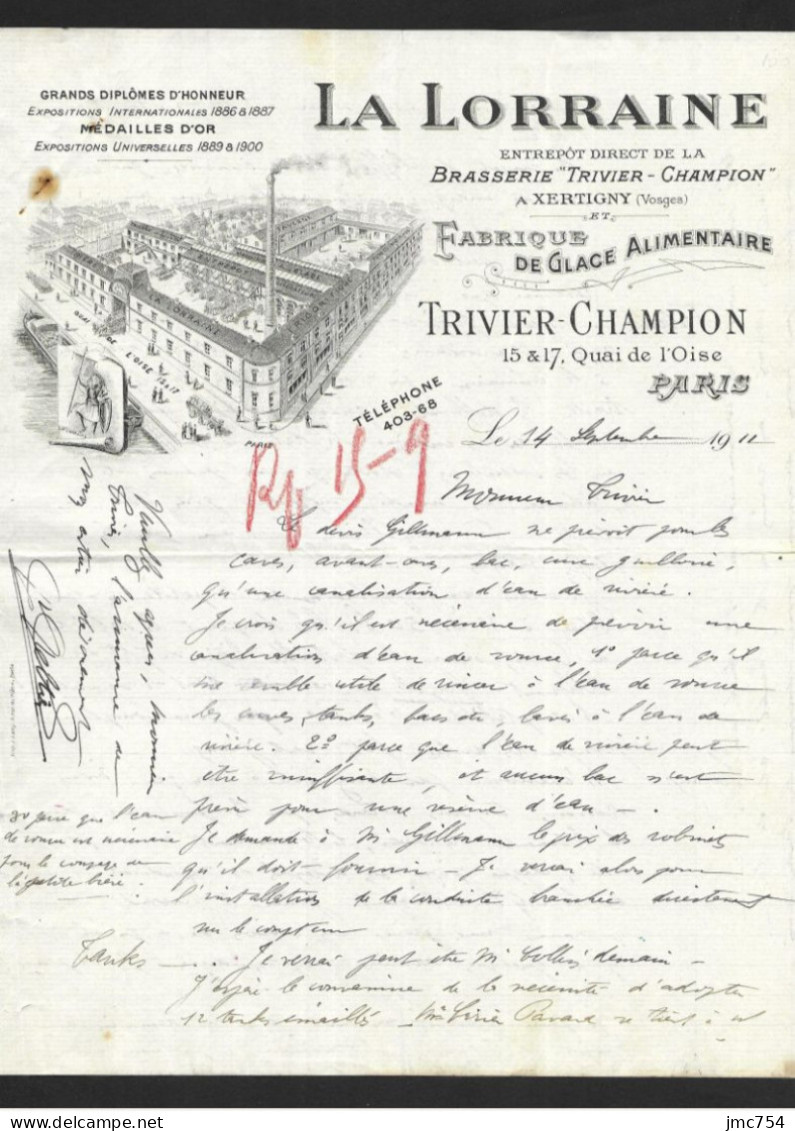 Facture Illustrée Ancienne.  La Lorraine.  Brasserie Trivier-Champion à Xertigny (88).  Bière.  Beer.  Glace Alimentaire - Levensmiddelen