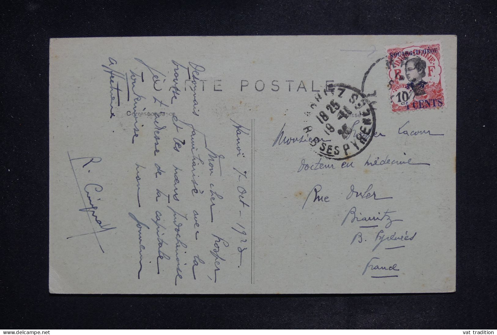 KOUANG TCHEOU - Affranchissement De Hanoi Sur Carte Postale En 1923 Pour La France  - L 150964 - Cartas & Documentos