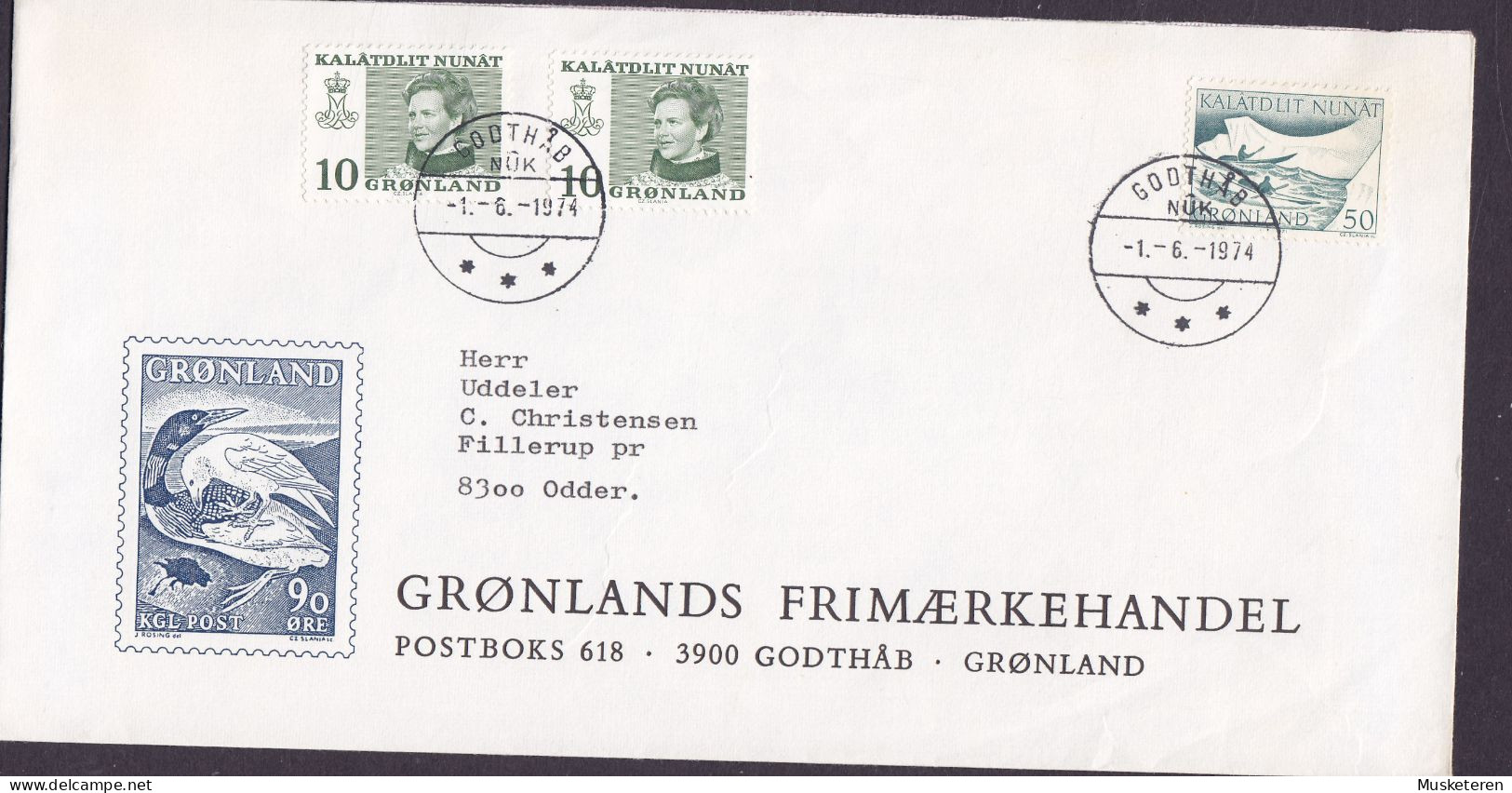 Greenland GRØNLANDS FRIMÆRKEHANDEL Cachet GODTHÅB 1974 Cover Brief ODDER Denmark Kajak Post (Cz. Slania) - Brieven En Documenten