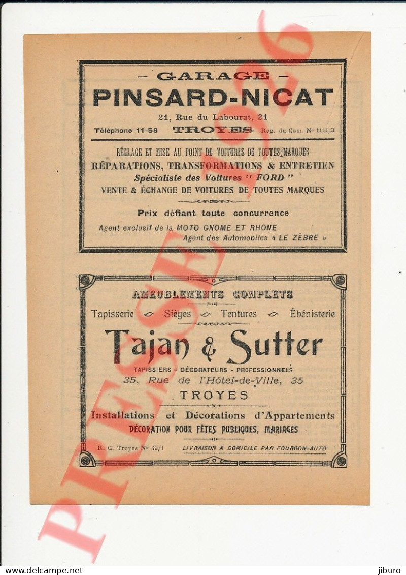 Publicité 1926 Garage Pinsard Nicat 21 Rue Du Labourat Troyes + Tajan & Sutter Ameublements 250/43 - Zonder Classificatie