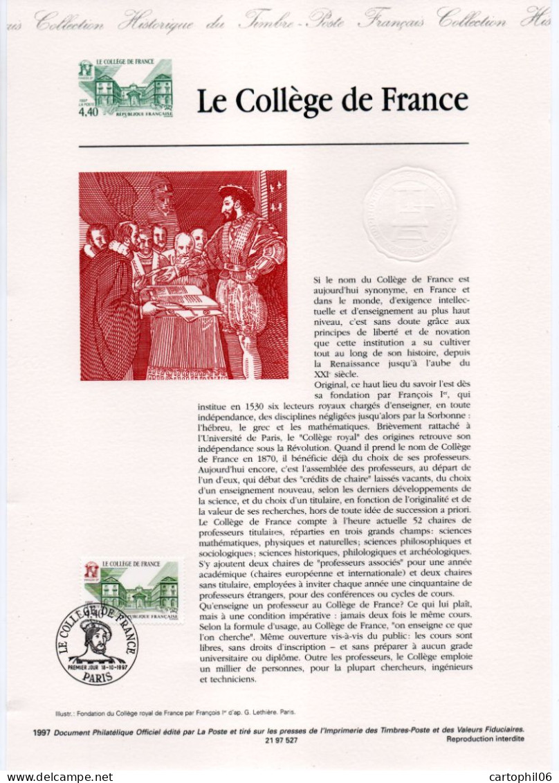 - Document Premier Jour LE COLLÈGE DE FRANCE - PARIS 18.10.1997 - - Documents De La Poste