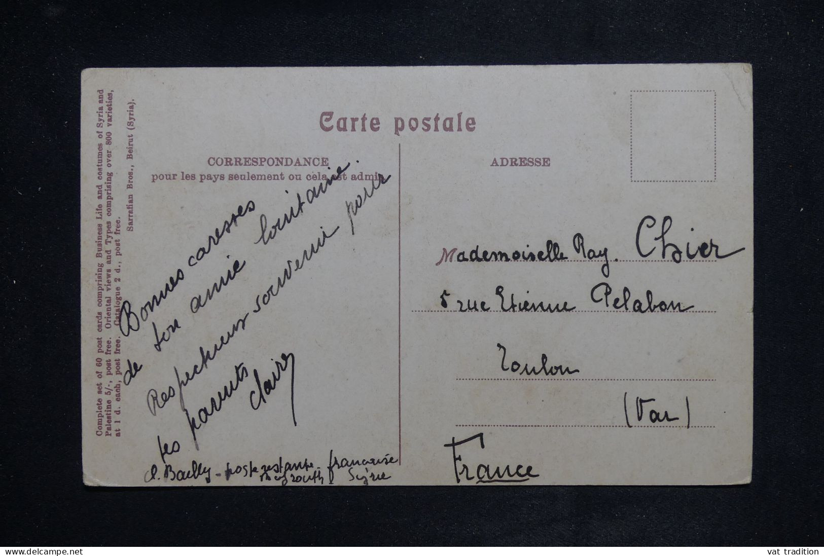 SYRIE - Affranchissement Semeuse De Beyrouth Sur Carte Postale Pour Toulon En 1920  - L 150965 - Briefe U. Dokumente