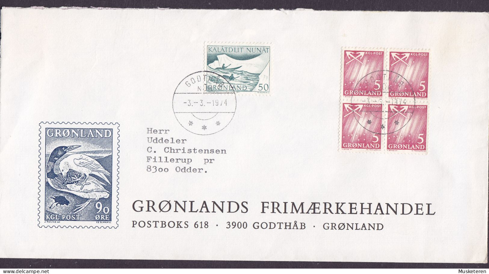 Greenland GRØNLANDS FRIMÆRKEHANDEL Cachet GODTHÅB 1974 Cover Brief ODDER Denmark Kajak Post (Cz. Slania) & 4-Block - Storia Postale