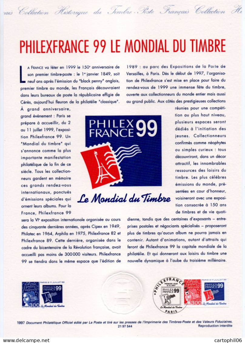 - Document Premier Jour PHILEXFRANCE 99 LE MONDIAL DU TIMBRE - PARIS 6.12.1997 - - Briefmarkenausstellungen