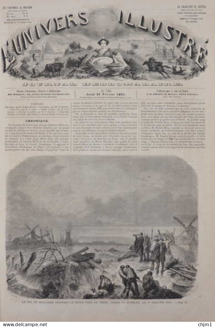 Le Roi De Hollande Visitant La Digue Près De Thiel, Après Sa Rupture - Page Original 1861 - Documents Historiques