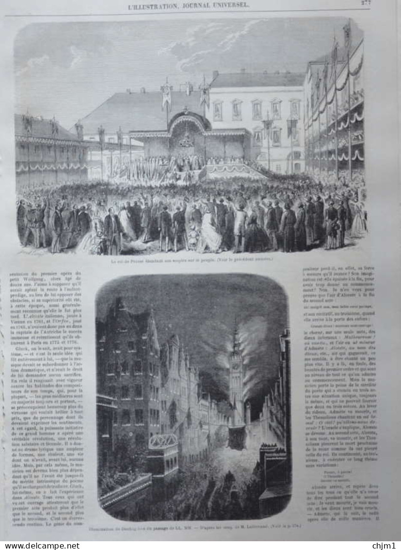 Le Roi De Prusse étendant Son Sceptre Sur Le Peuple - Illumination De Dantzig - Page Originale 1861 - Documents Historiques