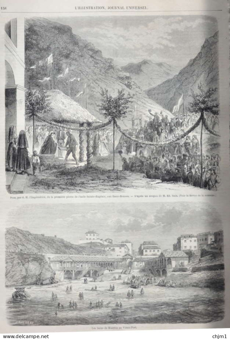 Les Bains De Biarritz Au Vieux-Port - Pose De La Première Pierre De L'asile Sainte-Eugénie - Page Originale 1861 - Documents Historiques
