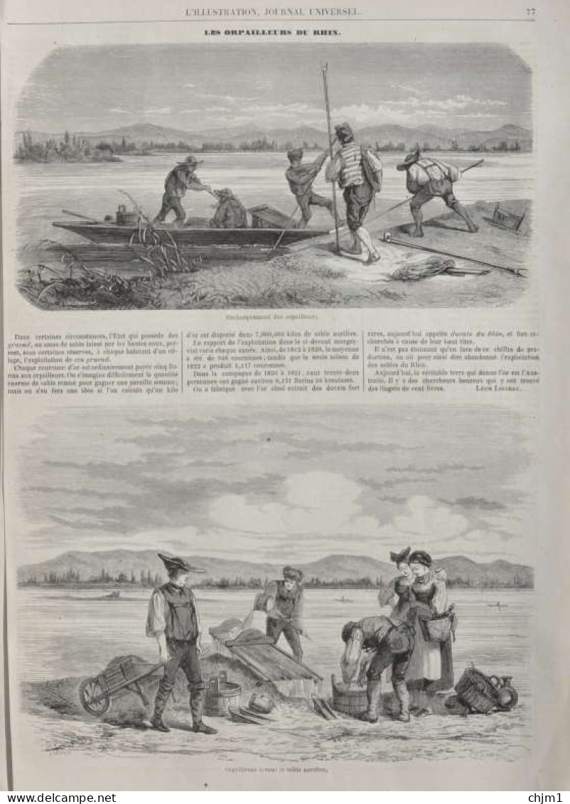 Les Orpailleurs Du Rhin - Orpailleurs Lavant Le Sable Aurifère - Page Originale 1861 - Documents Historiques