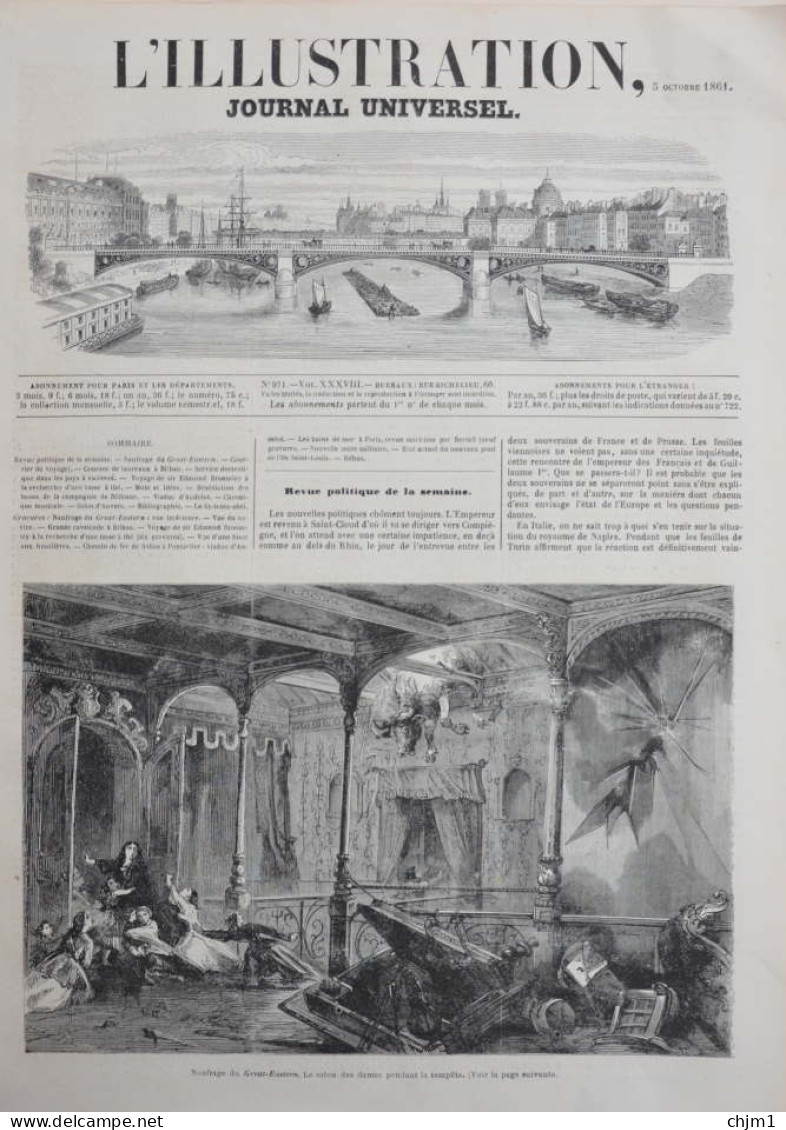 Naufrage Du Great-Eastern - Le Salon Des Dames Pendant La Tempête - Page Originale 1861 - Documents Historiques