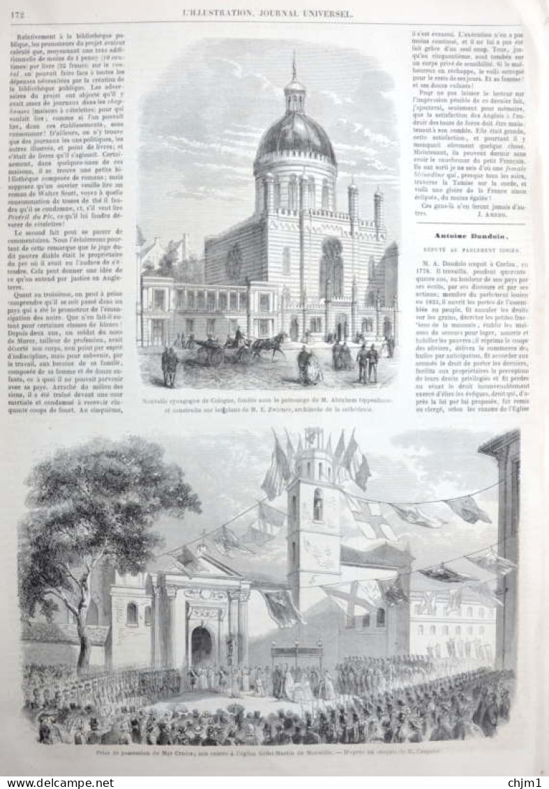 Nouvelle Synagogue De Cologne (Köln), Fondée Sous Le Patronage De A. Oppenheim - Page Originale 1861 - Documents Historiques