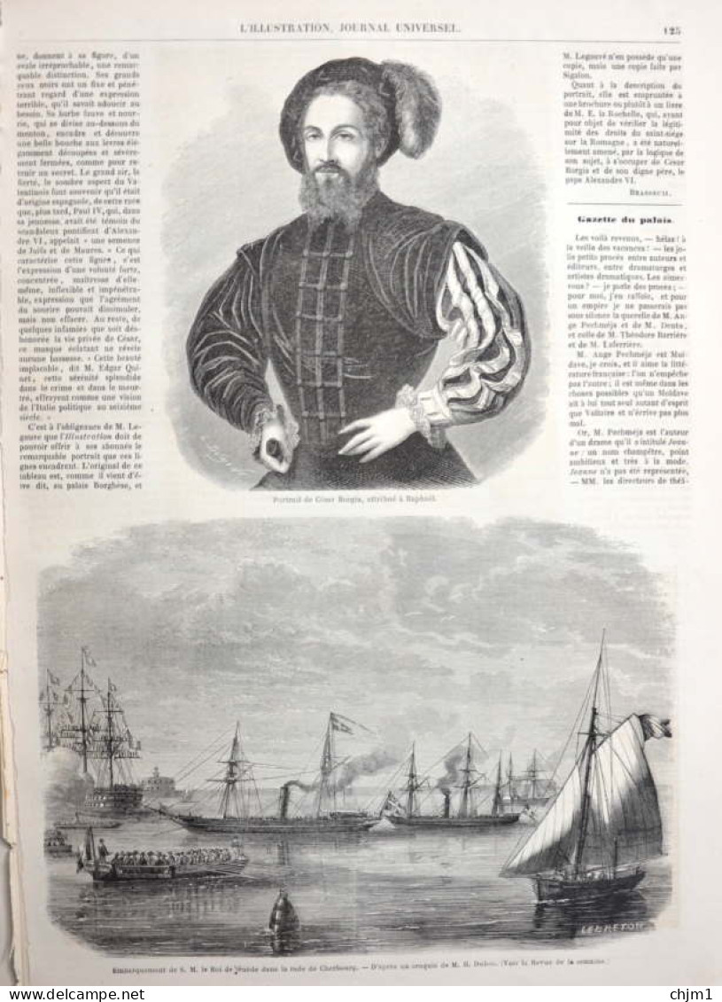 Portrait De César Borgia - Embarquement De S. M. Le Roi De Suède Dans La Rade De Cherbourg - Page Originale 1861 - Historical Documents