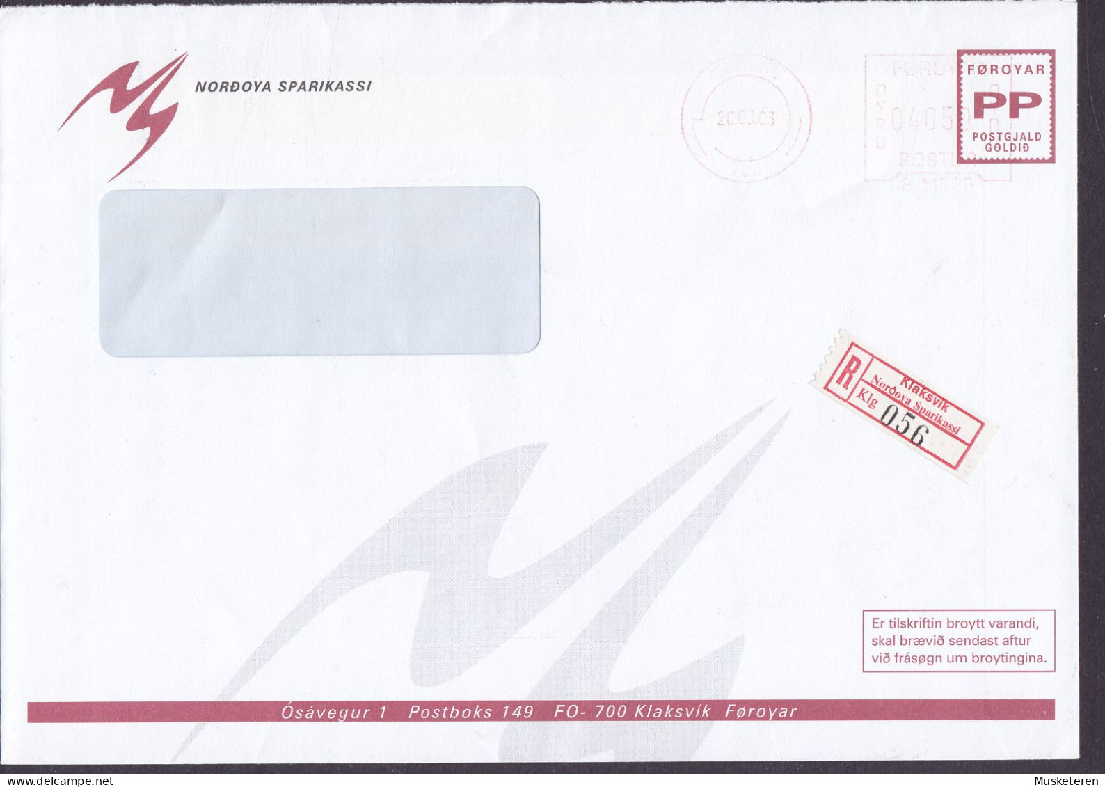 Faroe Islands NORDOYA SPARIKASSI KLAKSVIK Registered Label PP Meter Stamp 2002 Cover Brief (2 Scans) - Féroé (Iles)