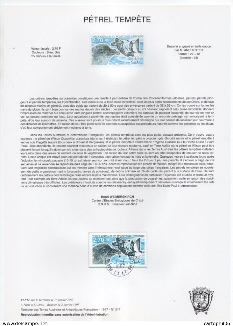 - Document Philatélique LE PÉTREL TEMPÊTE - MARTIN-DE-VIVIES-ST-PAUL-AMS 1.1.1997 - - Faune Antarctique