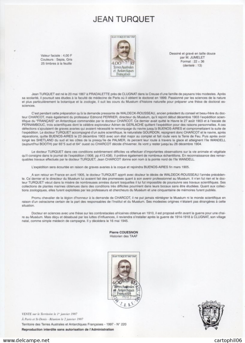 - Document Philatélique JEAN TURQUET - MARTIN-DE-VIVIES-ST-PAUL-AMS 1.1.1997 - - Explorateurs & Célébrités Polaires