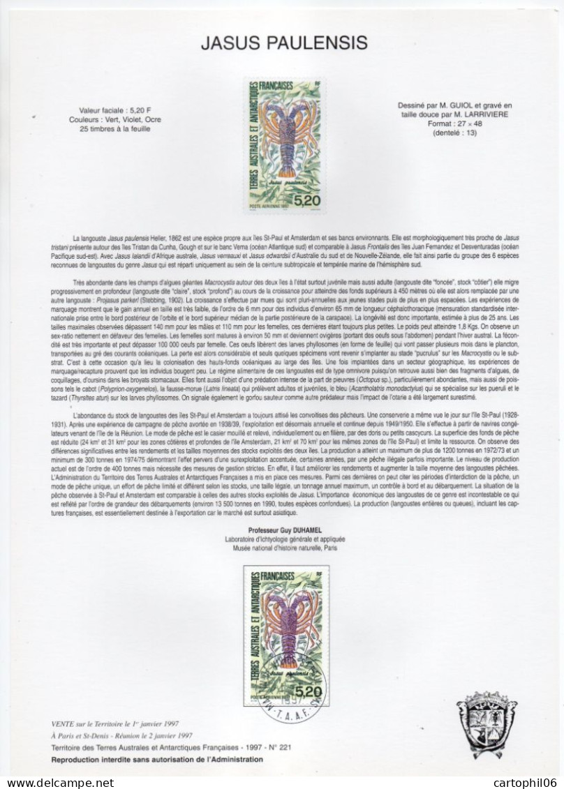 - Document Philatélique LA JASUS PAULENSIS - MARTIN-DE-VIVIES-ST-PAUL-AMS (T.A.A.F.) 1.1.1997 - - Antarktischen Tierwelt