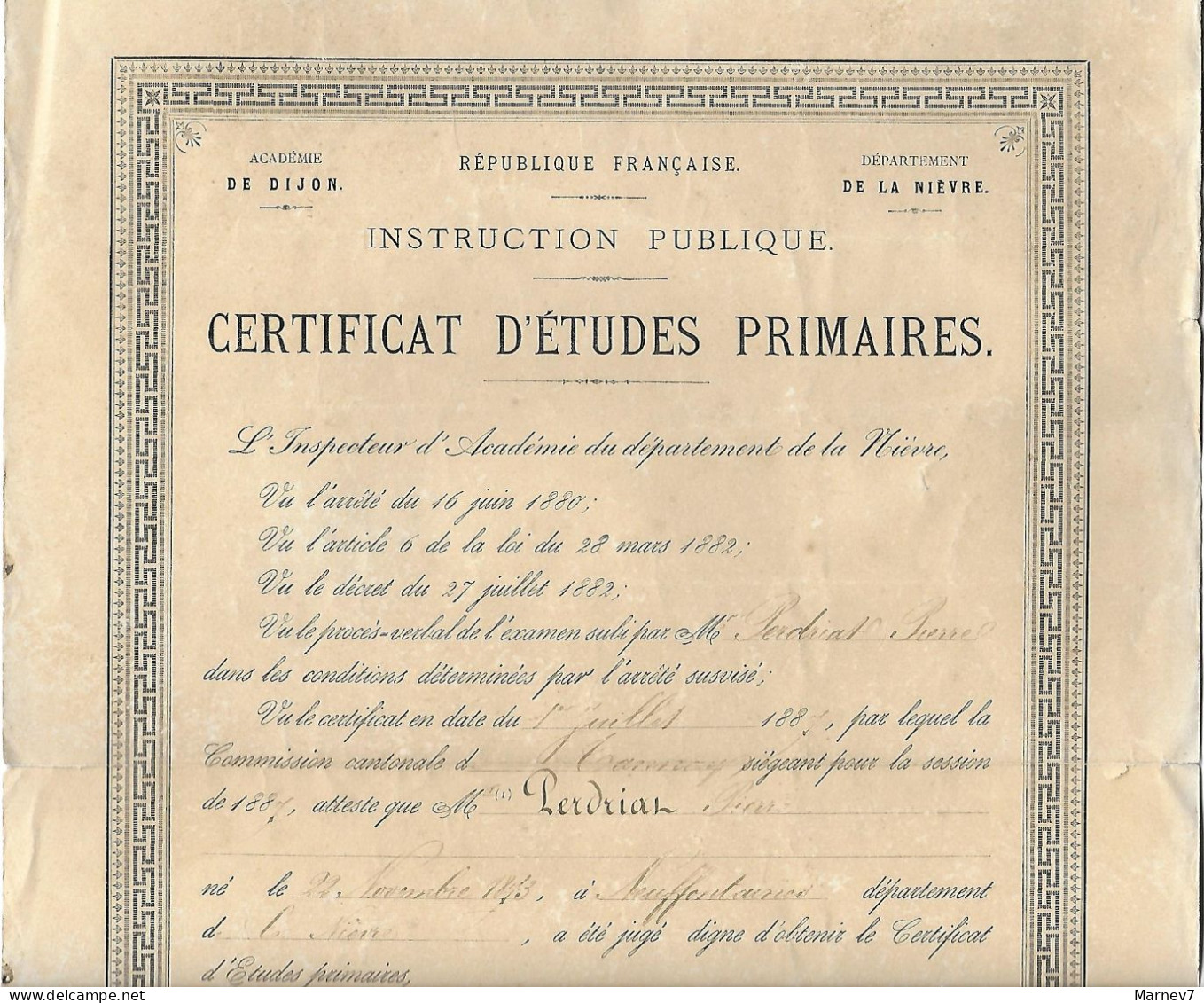 Diplôme - Certificat D'Etudes Primaires - 1887 - Académie Dijon - Département Nièvre - Tannay Neuffontaines Corbigny - - Diplomi E Pagelle