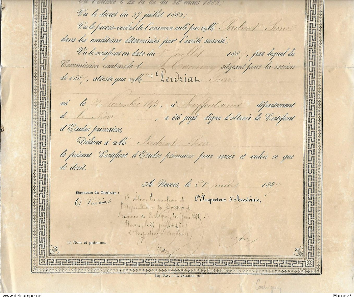 Diplôme - Certificat D'Etudes Primaires - 1887 - Académie Dijon - Département Nièvre - Tannay Neuffontaines Corbigny - - Diplomi E Pagelle