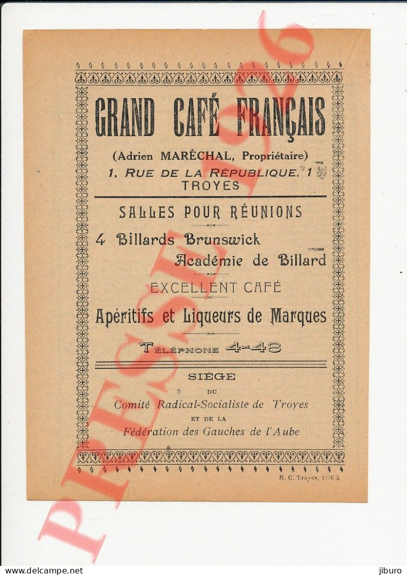 Publicité 1926 Grand Café Français Adrien Maréchal Billards Brunswick Comité Radical-Socialiste De Troyes 250/43 - Ohne Zuordnung