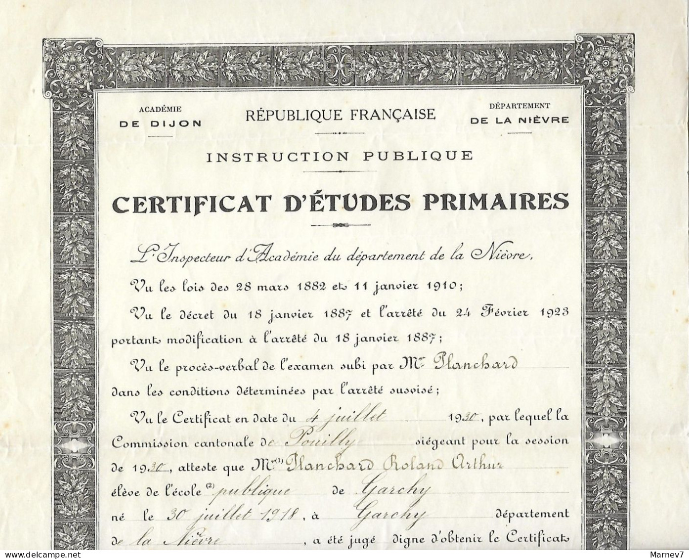 Diplôme - Certificat D'Etudes Primaires - 1930 - Académie Dijon - Département Nièvre - Pouilly Garchy - - Diploma's En Schoolrapporten