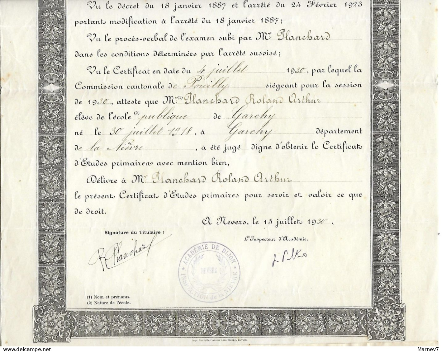 Diplôme - Certificat D'Etudes Primaires - 1930 - Académie Dijon - Département Nièvre - Pouilly Garchy - - Diploma's En Schoolrapporten