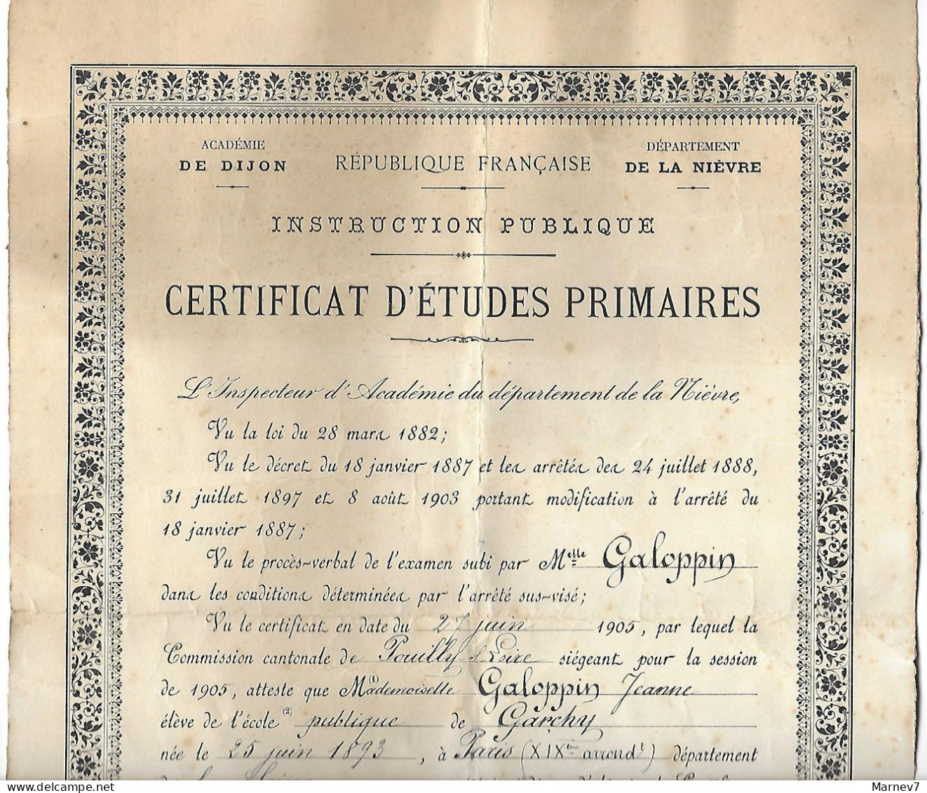Diplôme - Certificat D'Etudes Primaires - 1905 - Académie Dijon - Département Nièvre - Pouilly Garchy - GALOPPIN - - Diploma's En Schoolrapporten