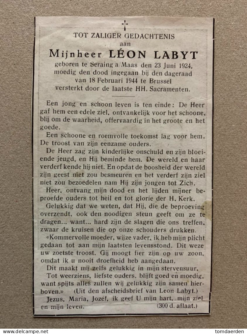 BP Weerstander Verzet Verzetstrijder Léon Leon Labyt 1922 - 1944 Seraing Brussel Beveren Waas Zwijndrecht WO2 WOII - Devotion Images