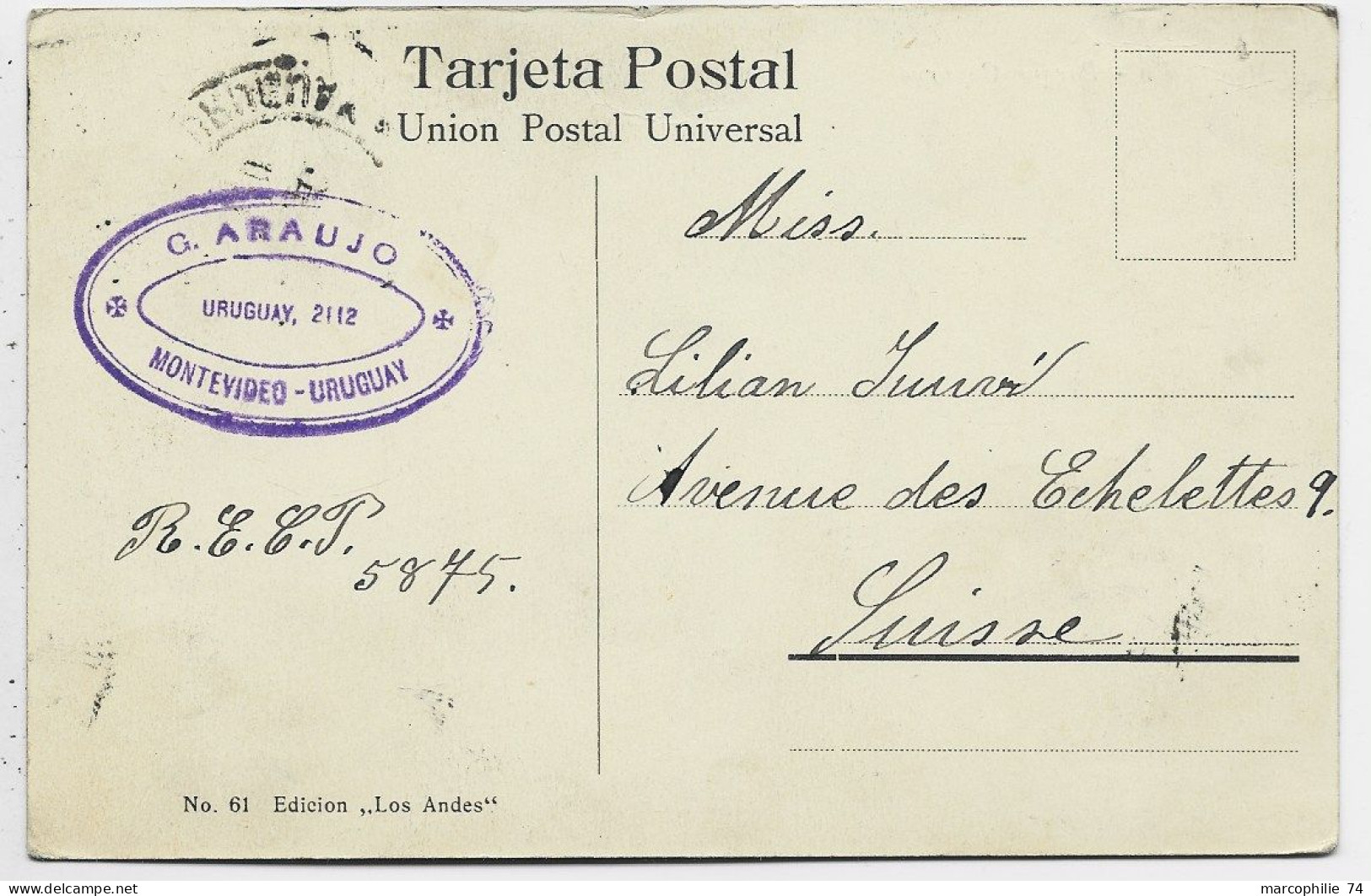 URUGUAY 5CX2+1C AU RECTO CARTE TARJETA POSTAL MONTEVIDEO TO SUISSE - Uruguay