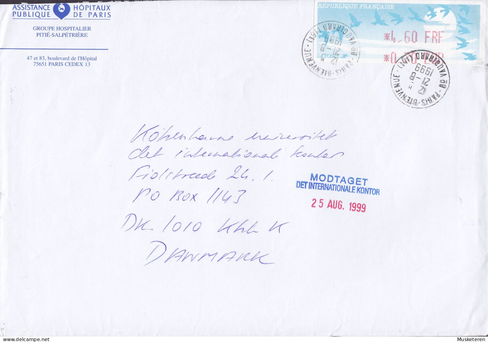 France ASSISTANCE HOSPITAUX, PARIS Bd. Vaugirard 1999 Cover Lettre Denmark ATM Frama Label Bird Vogel Oiseau - 1990 Type « Oiseaux De Jubert »