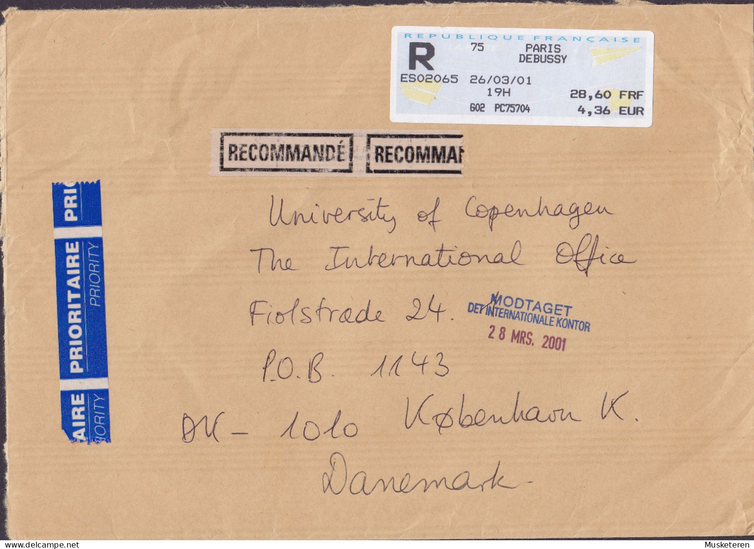 France PRIORITAIRE & Recommandé Labels PARIS DEBUSSY 2001 Cover Lettre Denmark ATM Frama Label Avions En Papier - 2000 Type « Avions En Papier »