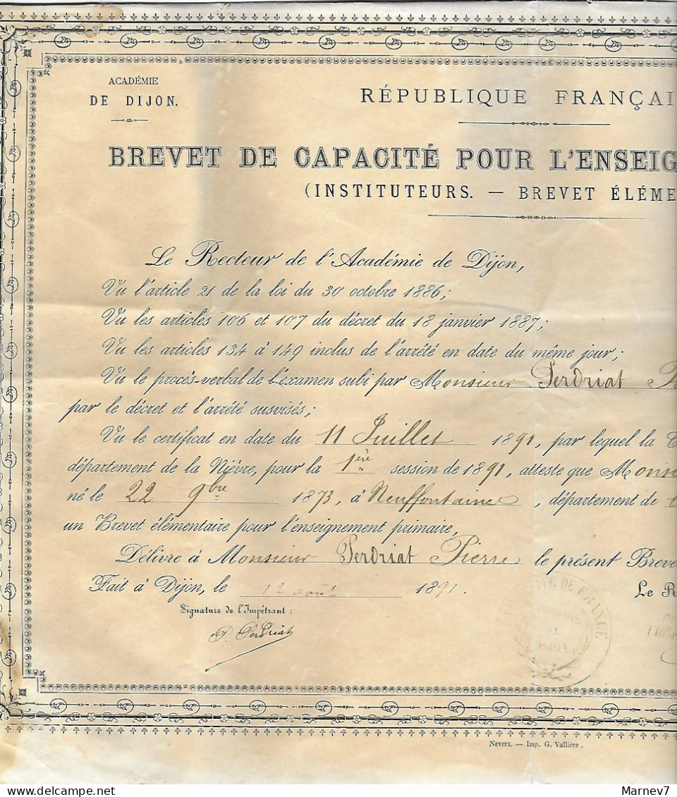 Diplôme - Brevet De Capacité Enseignement Primaire - Instituteurs -1891 - Neuffontaines - Nevers - Dijon Nièvre - - Diplomi E Pagelle