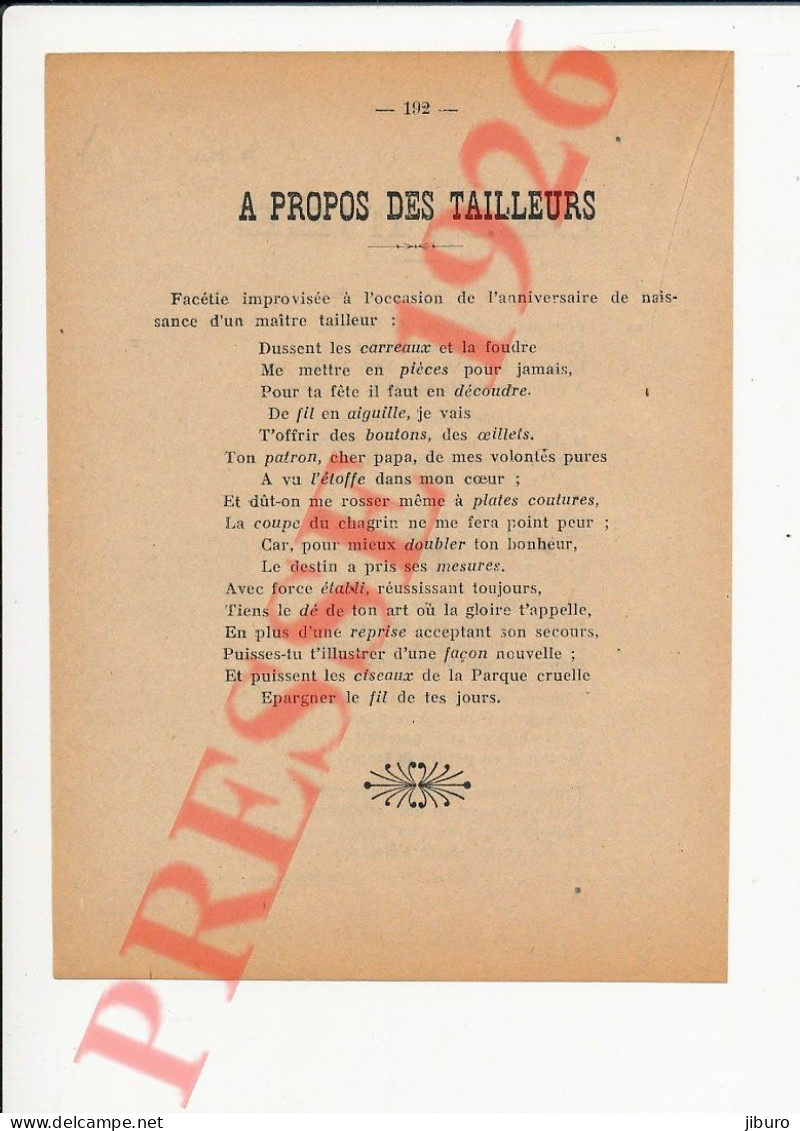 Doc1926 A Propos Des Tailleurs Poésie Maître Tailleur Métier Fil Aiguille étoffe Tissu Couture Ciseaux Mesure + Destinée - Zonder Classificatie