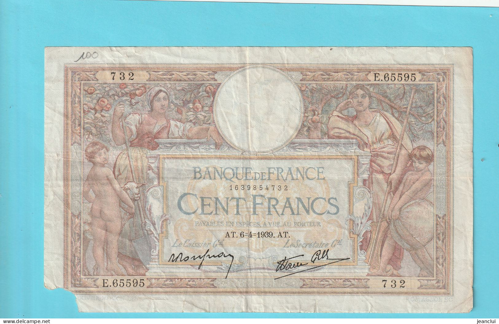 100 ANCIENS FRANCS "  SANS LOM 02  " PAPIER CHIFFON  .  6-4-1939    -  SERIE =  E.65595  .  N°  732   .  2 SCANNES - 100 F 1908-1939 ''Luc Olivier Merson''