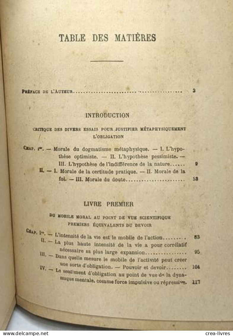 Esquisse D'une Morale Sans Obligation Ni Sanction - Psychologie & Philosophie