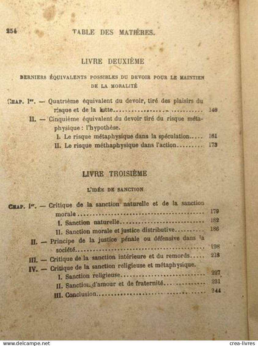 Esquisse D'une Morale Sans Obligation Ni Sanction - Psychologie/Philosophie